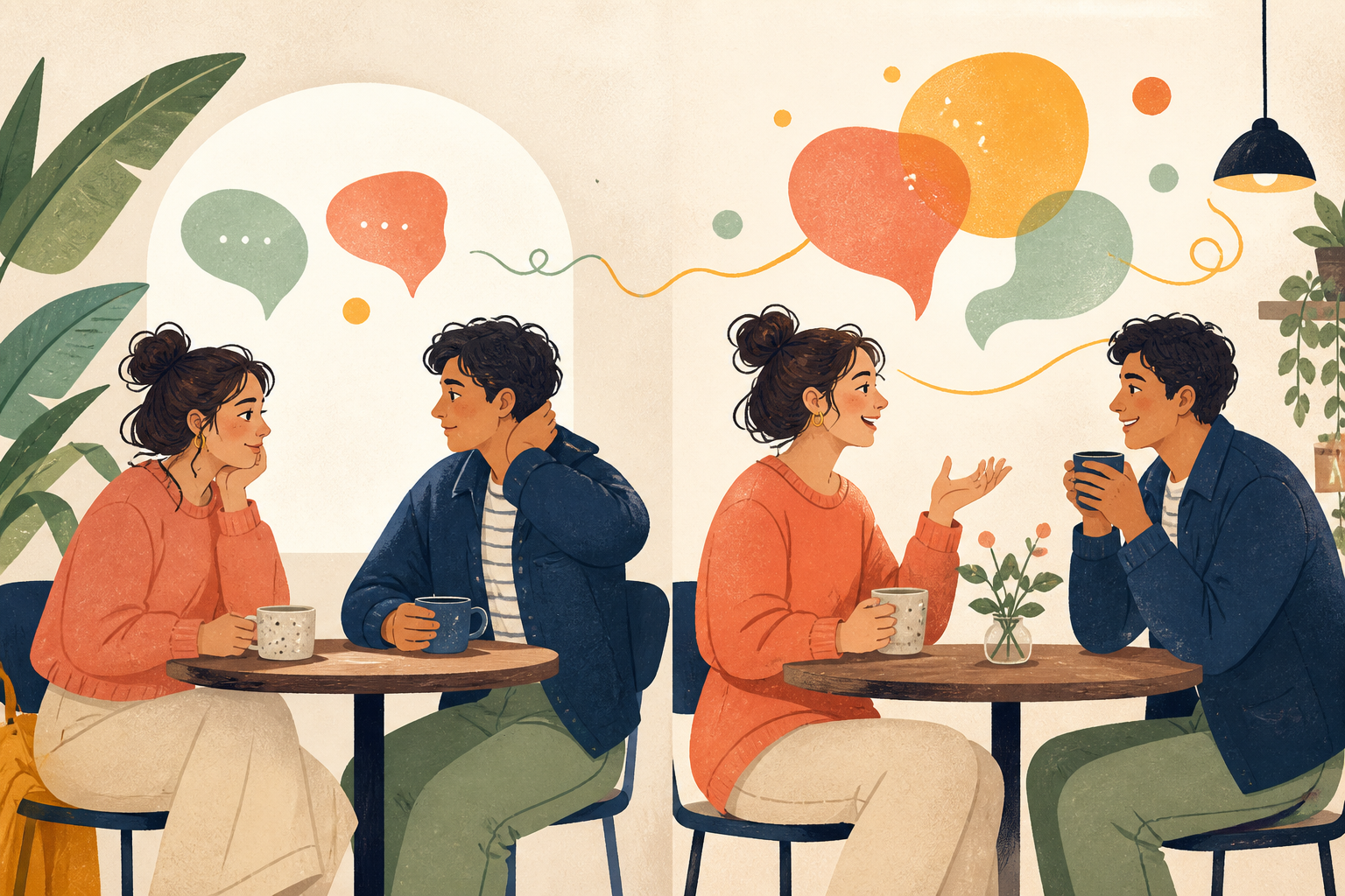 An awkward first hello easing into a relaxed conversation